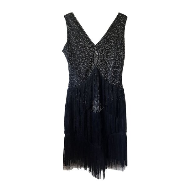Unique Vintage 1920s Black Beaded Fringe Flapper Dress L - Picture 4 of 10